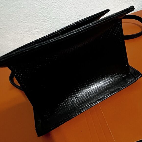 Clara Studio for Asymmetry Vtg Black Lizard Embossed Leather Bag 24K Gold Handle - Picture 11 of 16